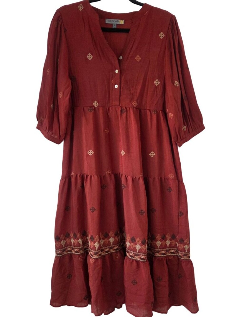 Figueroa & Flower Burnt Orange Tiered Midi Dress Embroidered Peasant Boho M